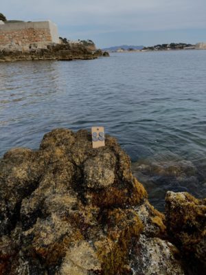 photo dézoomer - centrée sur mes créations - boucles d'oreilles courtes pendentes grises foncées - cercles & demi-cercle - azthèque - sur un rocher au bord de la mer